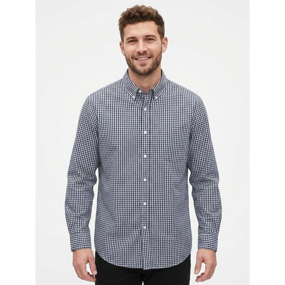 Gap Men's Button Down Shirt L Gingham Check Navy Blue 100% Cotton Long Sleeve